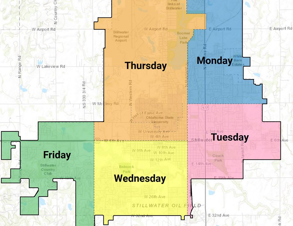 A map showing the waste management collection areas within the City of Stillwater for each day of th